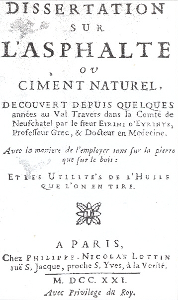Page de titre de la Dissertation sur l’asphalte ou ciment naturel d’Eirini d’Eyrinys, publiée en 1721.