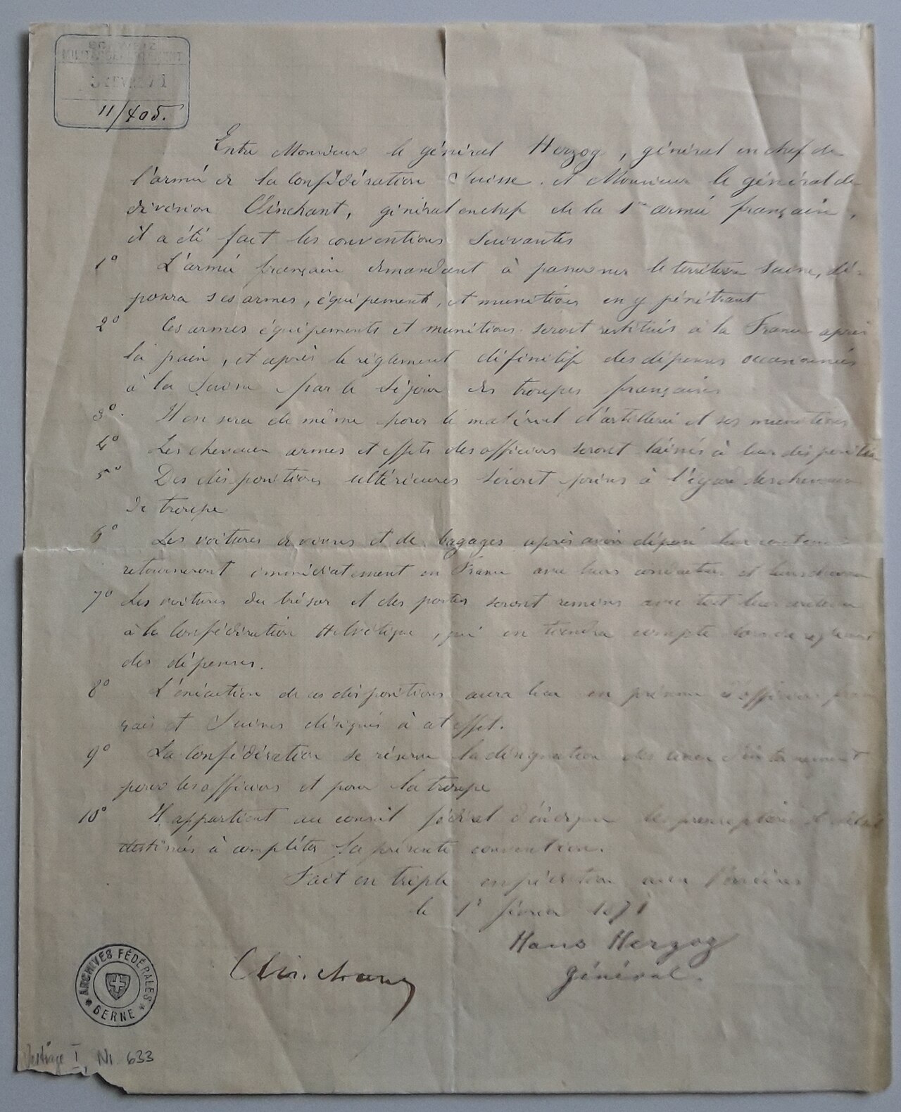 Document historique : convention d’internement, 1er février 1871.